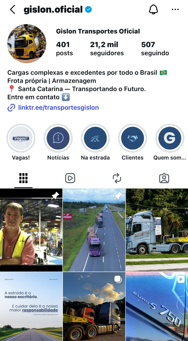 Perfil oficial da Gislon Transportes no Instagram